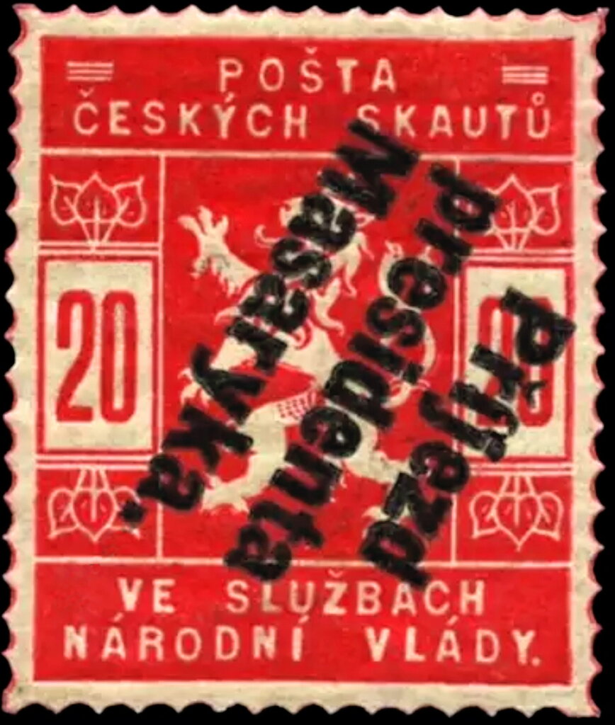 Czech lion — 20 h red, inverted black overprint