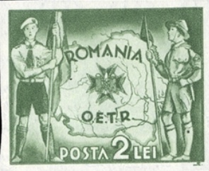 Scouts with map of Romania — 2 lei, imperforate