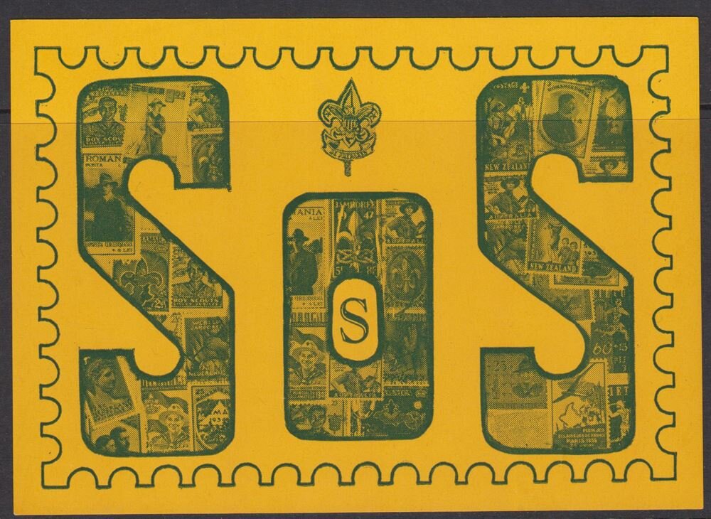 SOS — Scouts on Stamps collage label (large format)