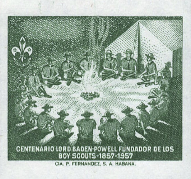 Trial colour proofs in green, imperforate — 4 c camp fire and 12 c Baden-Powell