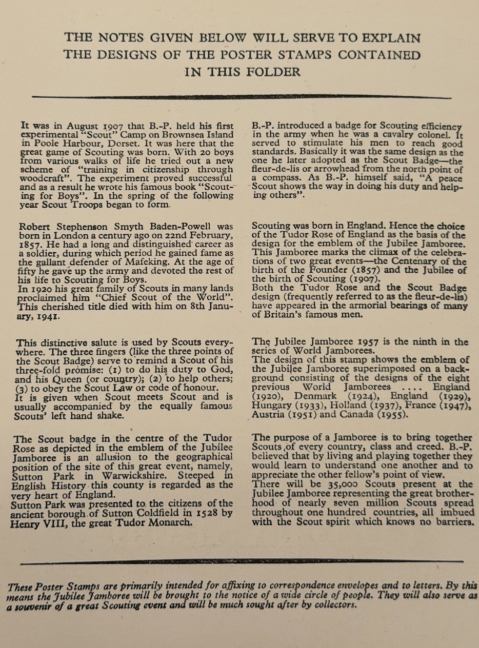 Explanatory notes printed inside the folder, describing each of the eight designs