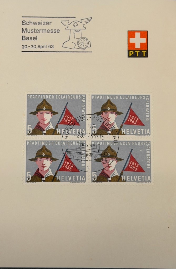 Mustermesse Basel souvenir card — block of four, Automobil-Postbureau 28 April 1963