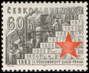 60 h industrial plant with annual stepping stones 1963–1970 and red star — 5th Trade Union Congress, Prague