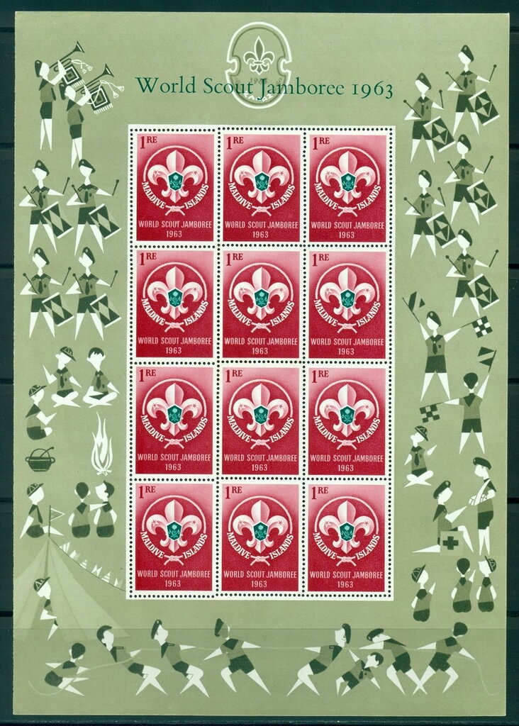 Full pane of 12 × 1 R with decorative Scout borders