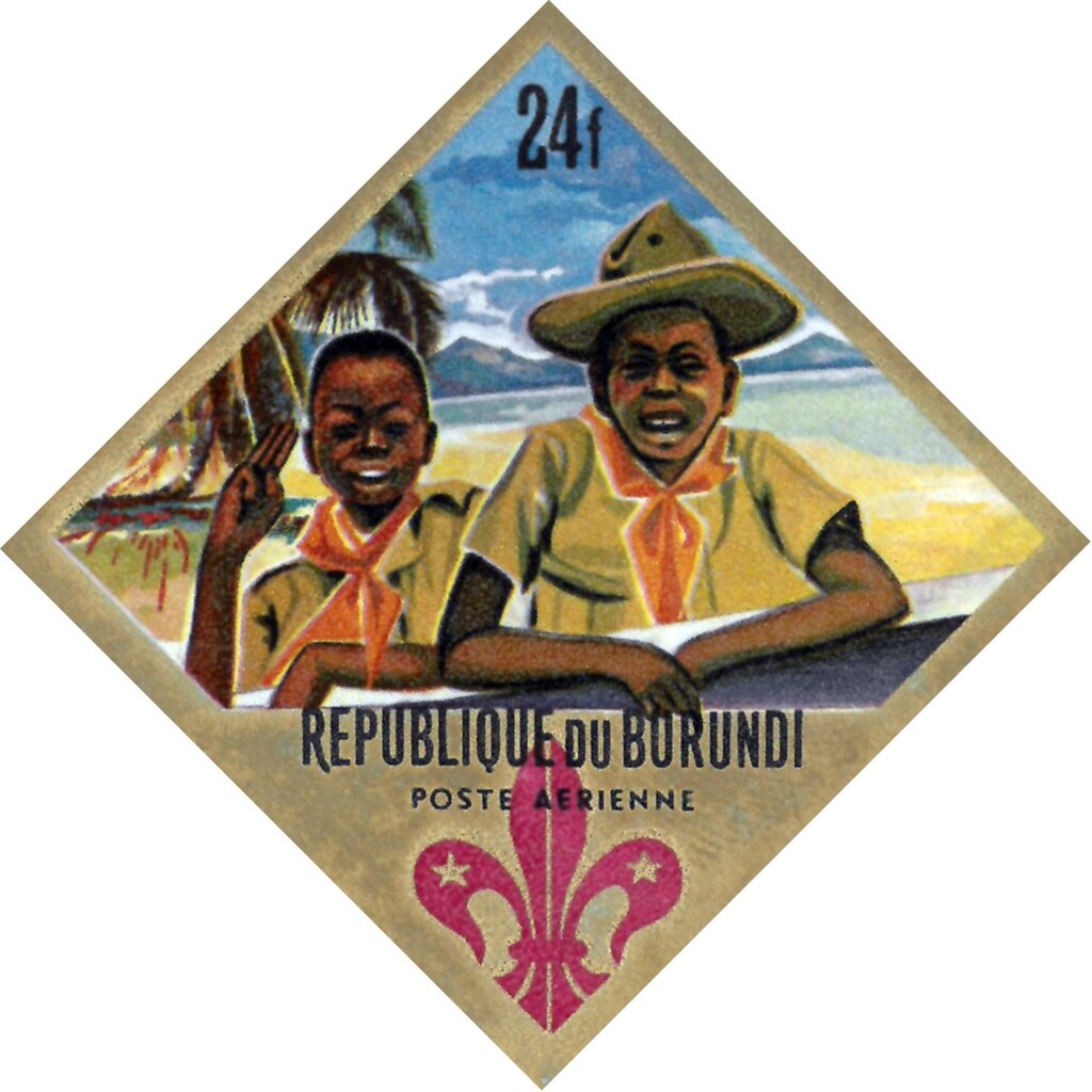 Boy Scout and Cub Scout giving the Scout sign, imperforate