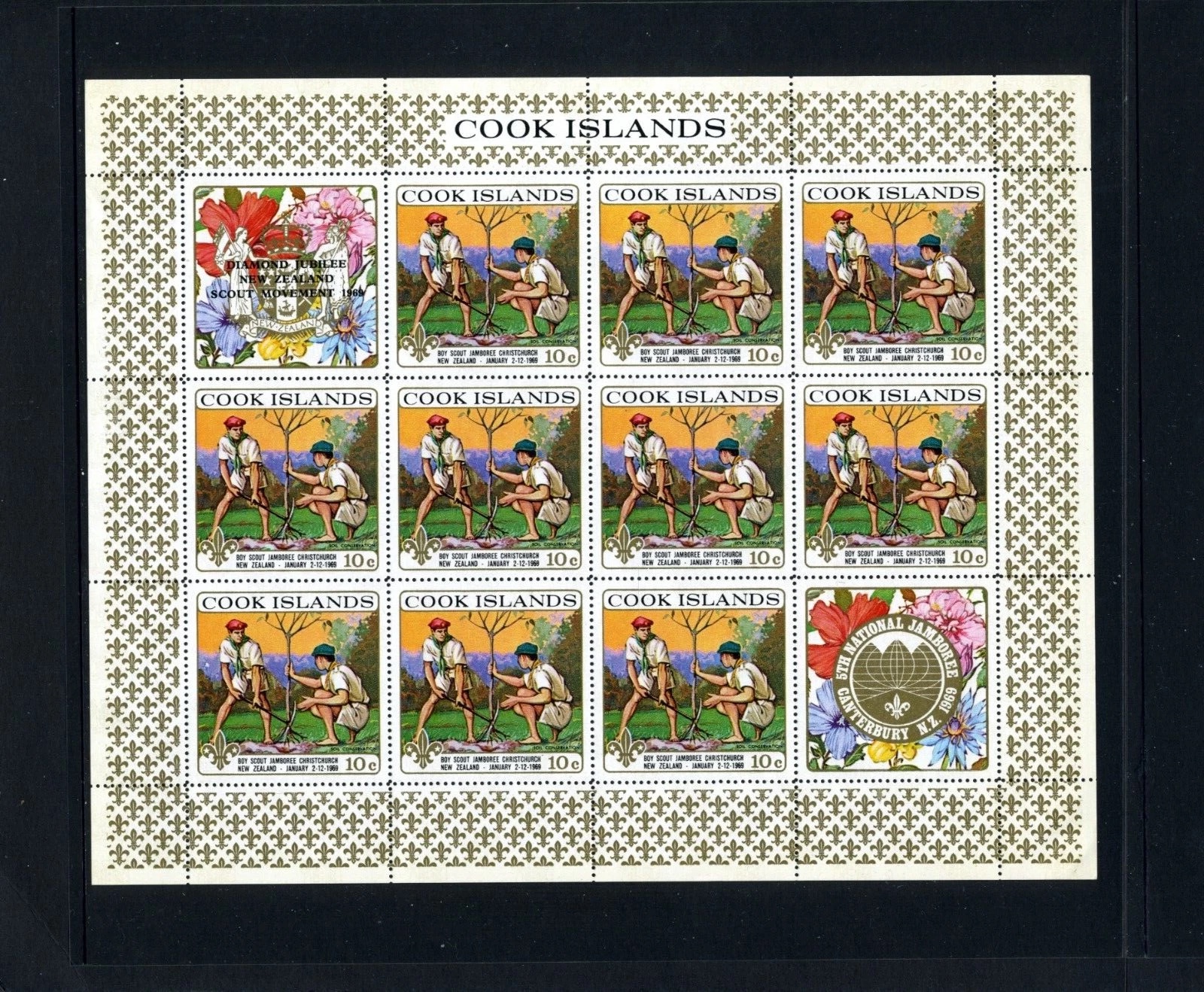10 c miniature sheet — ten tree-planting stamps plus two commemorative labels