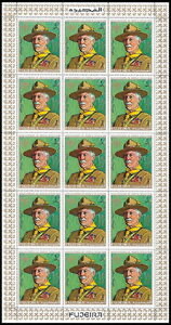 Full pane of 15 × 2 r (Lord Baden-Powell), perforated