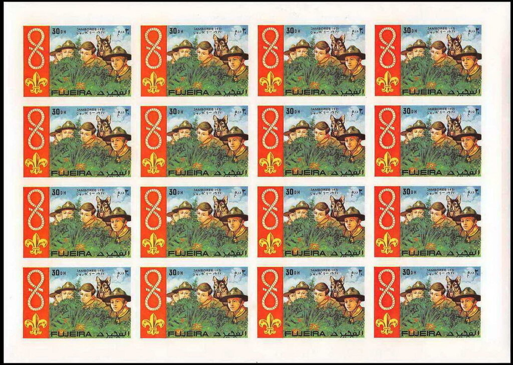 Full pane of 16 × 30 dh (Scouts and dog), imperforate