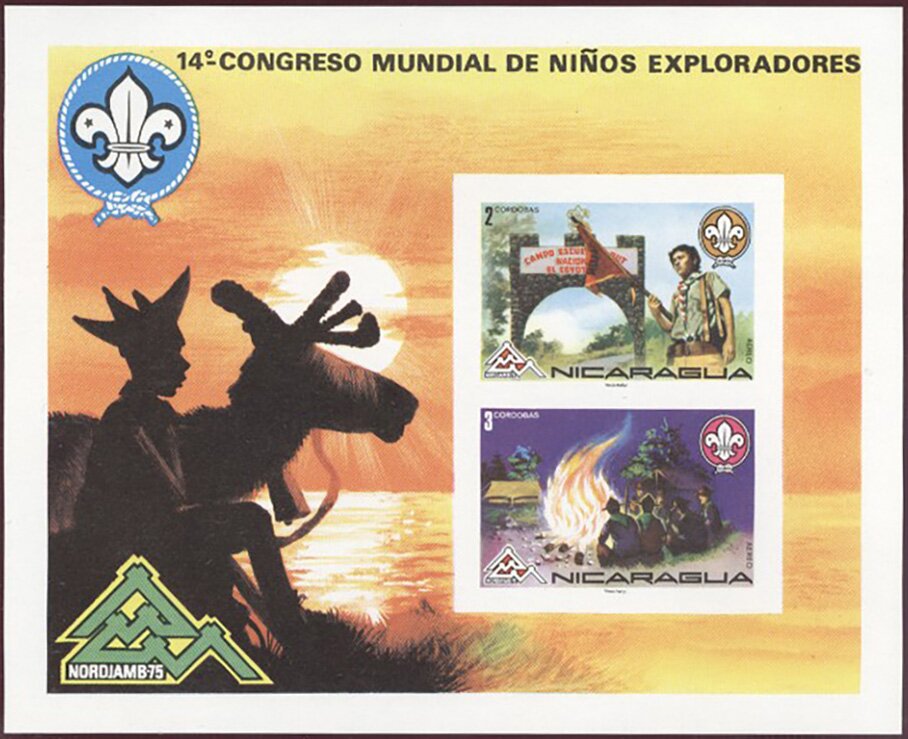 Souvenir sheet — camp entrance and fire