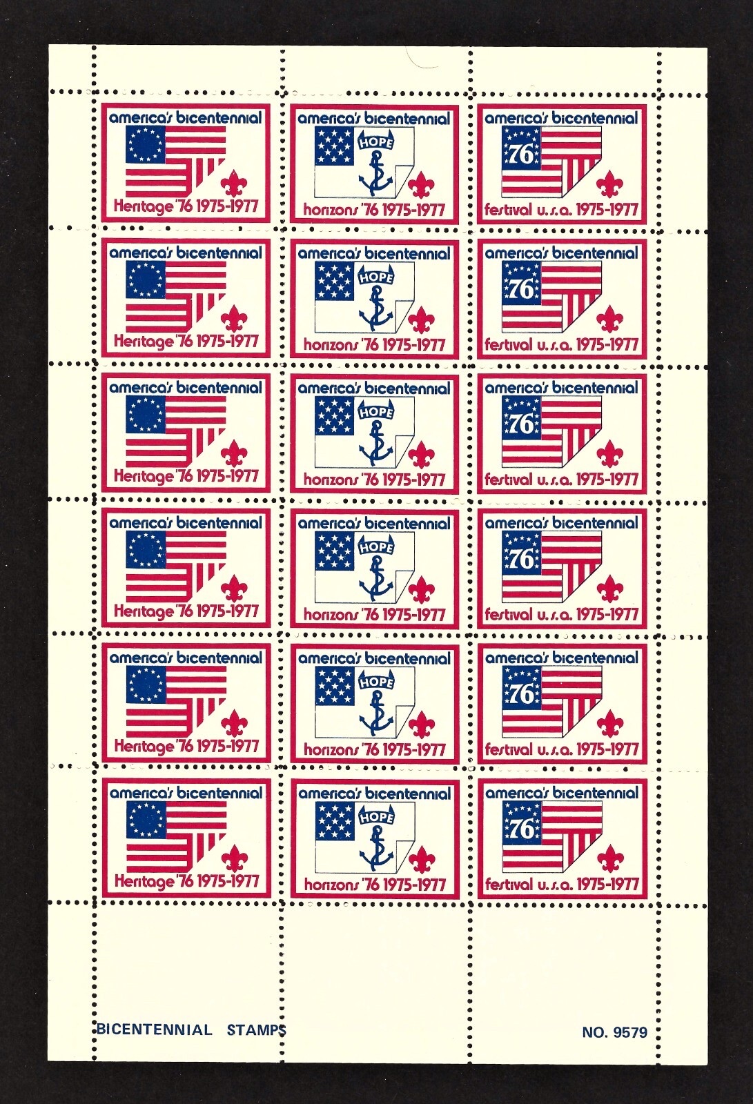 Pane of eighteen — Heritage '76, Horizons '76 and Festival U.S.A. (margin BICENTENNIAL STAMPS NO. 9579)