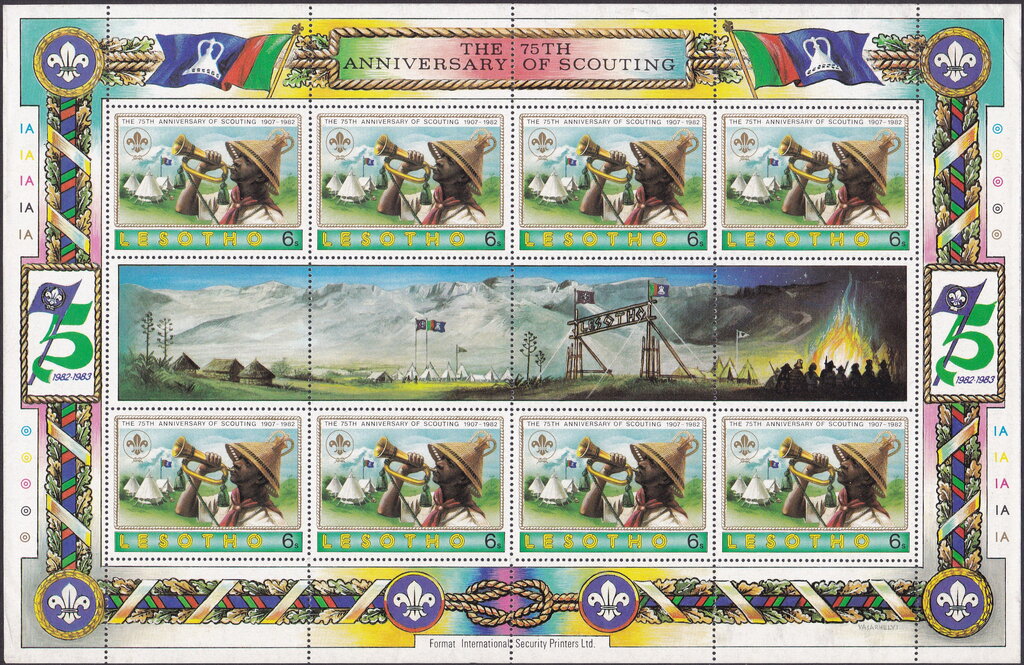 Full sheet of eight 6 s — Scout blowing kudu horn